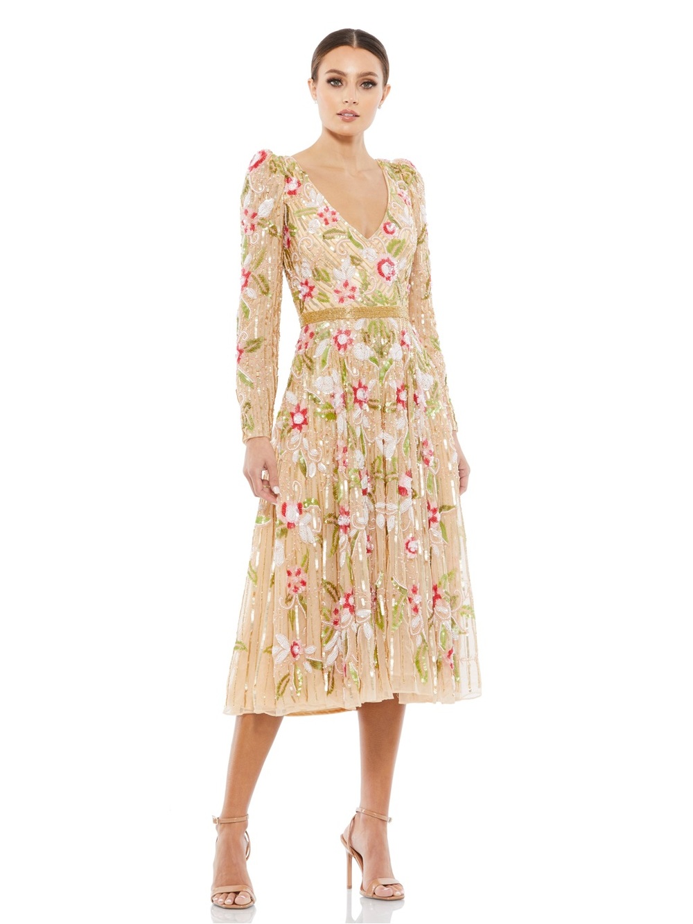 Mac Duggal 5415 Floral Embellished Wrap Over Puff Sleeve A Line Gown Size 2 NWOT
